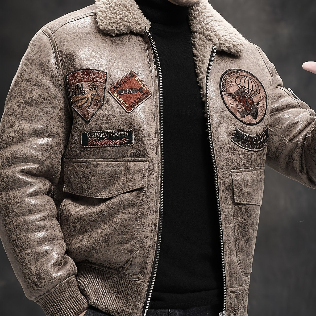 Men's Faux Fur Lined Biker Jacket with Applique Air Force Style Zipper Closure Fall Winter