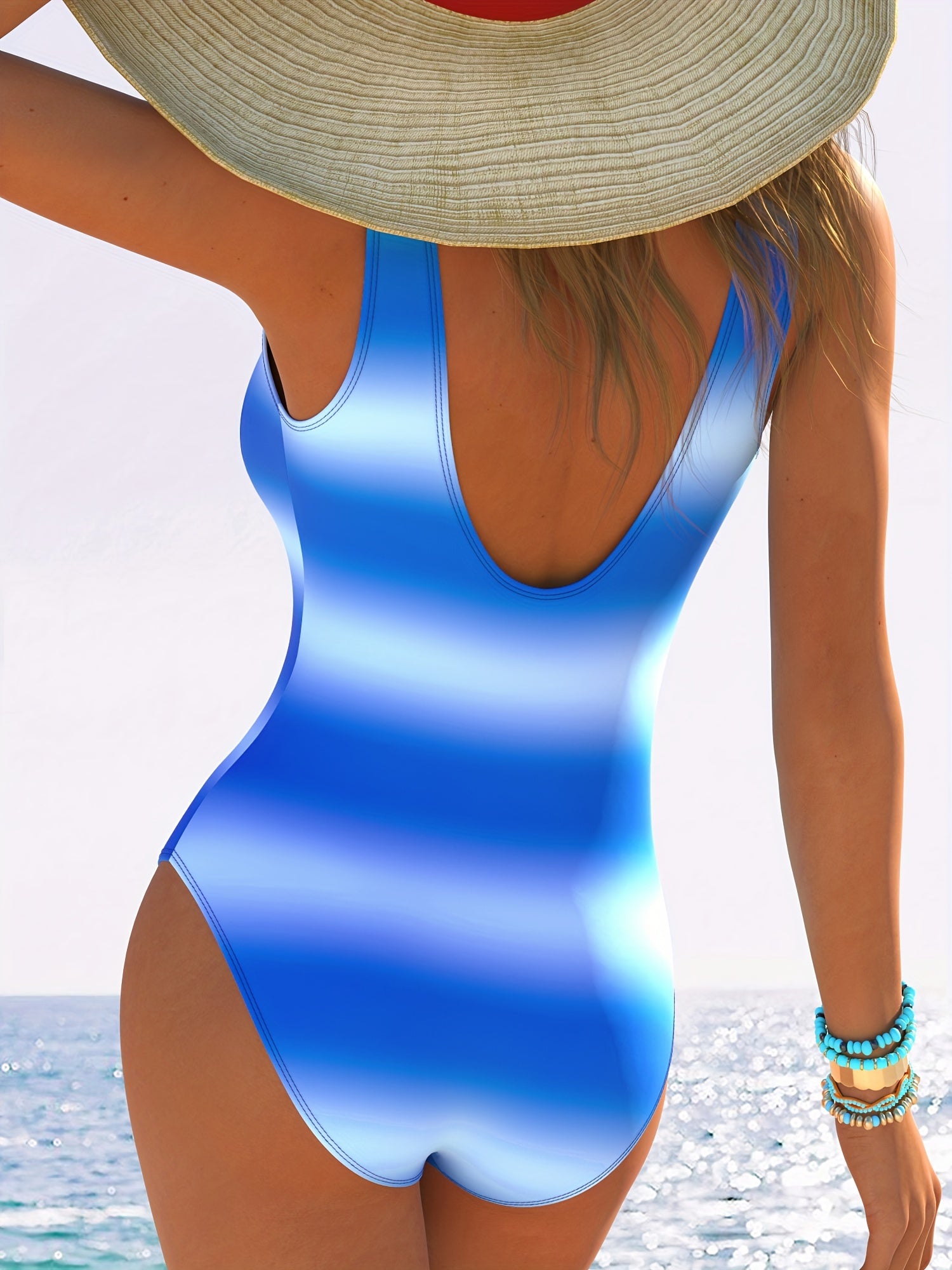 Women's One-Piece Swimsuit with High Elasticity Striped Knit Polyester Sports Style