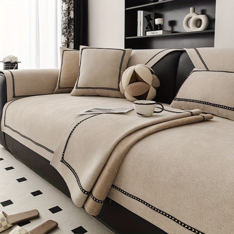 Chenille Sofa Cover with Lace Trim Non-Slip All-Season Furniture Protector Machine Washable