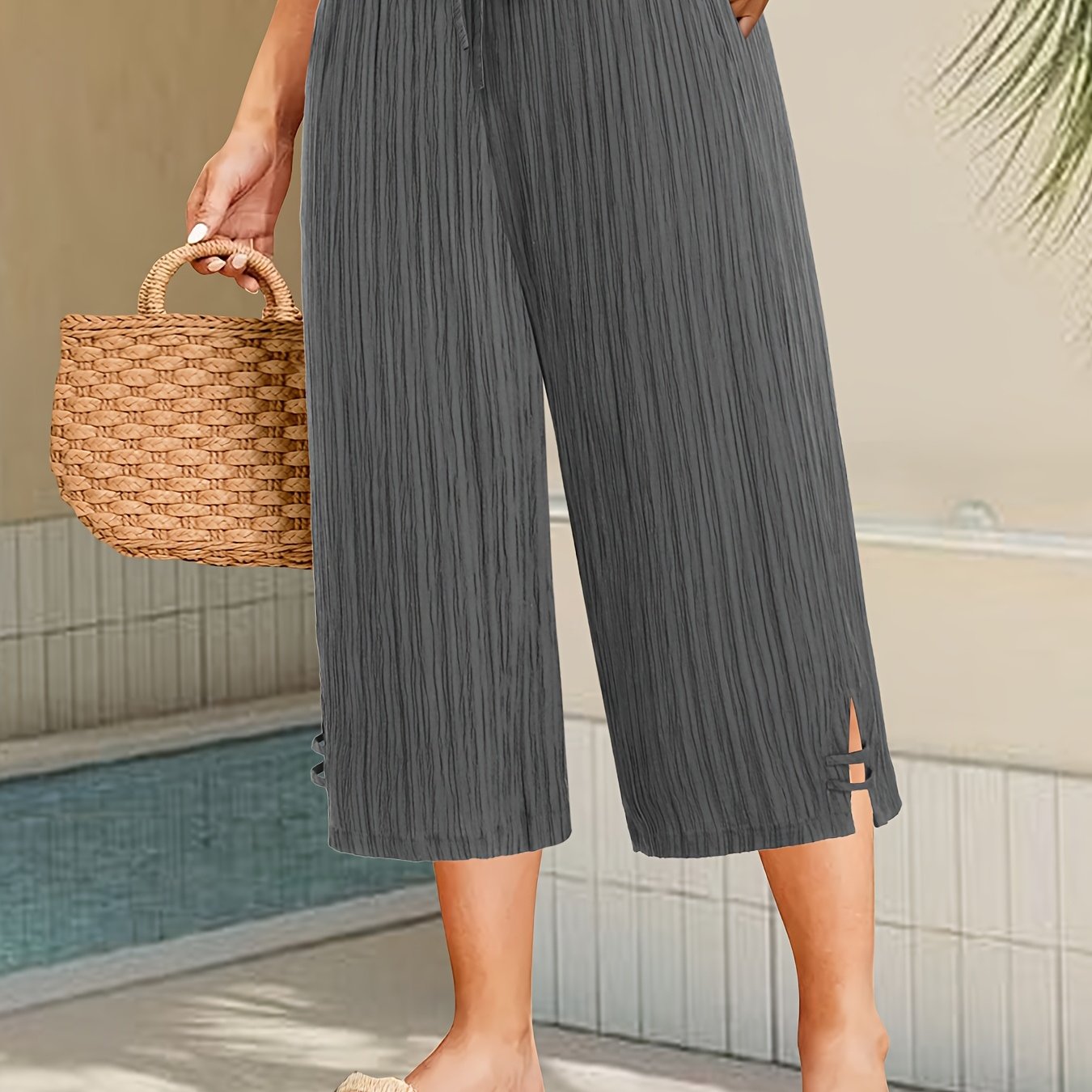 Women's Plus Size Wide Leg Pants with Side Slit Pleated Stripe Beige
