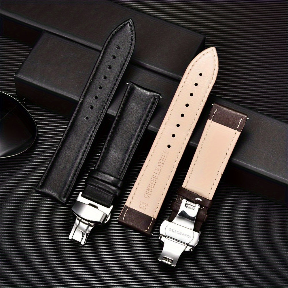 Double Press Solid Butterfly Buckle PU Leather Watch Strap 18mm 20mm 22mm 24mm
