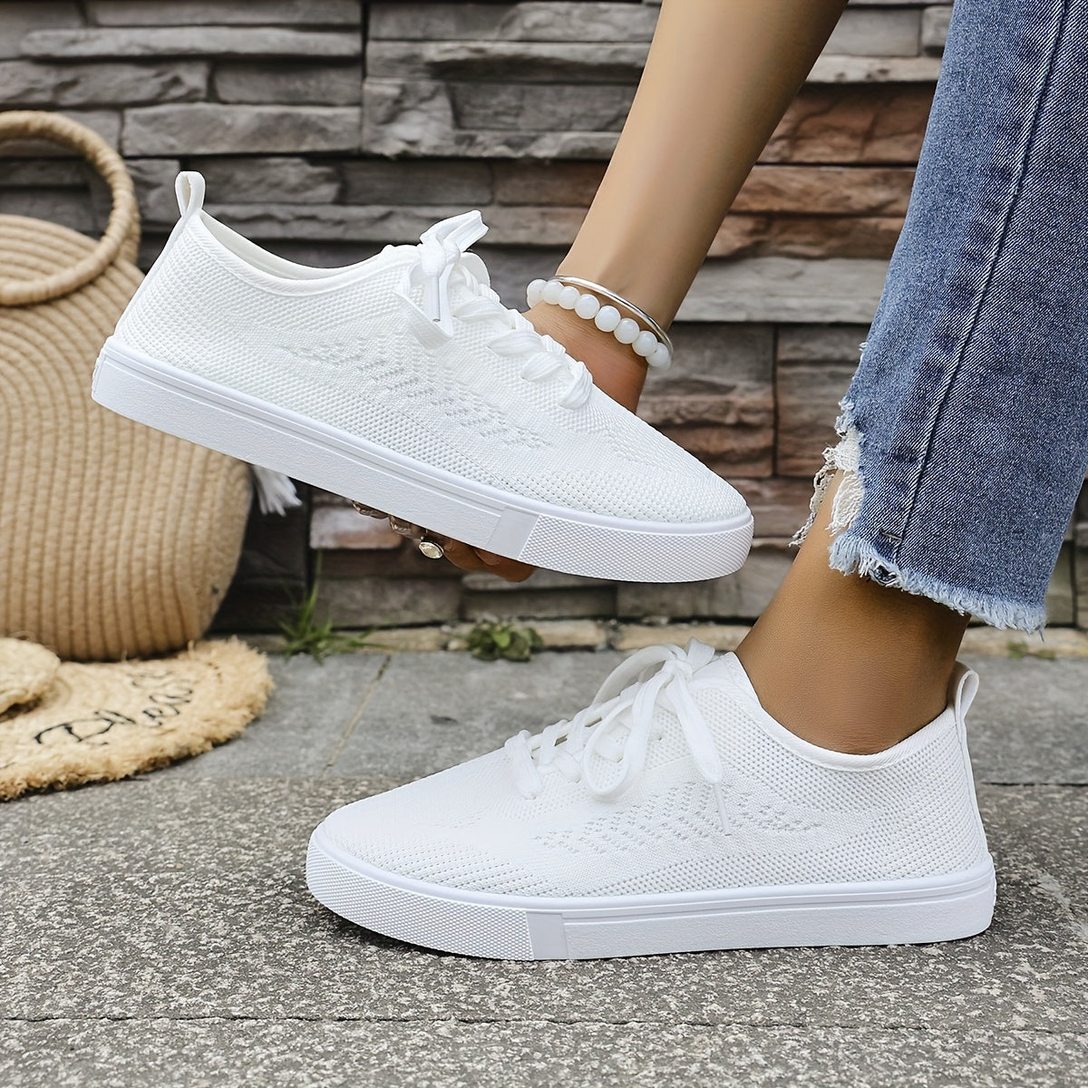Women's Plus Size Knitted Mesh Sneakers Breathable White Low Top Shoes