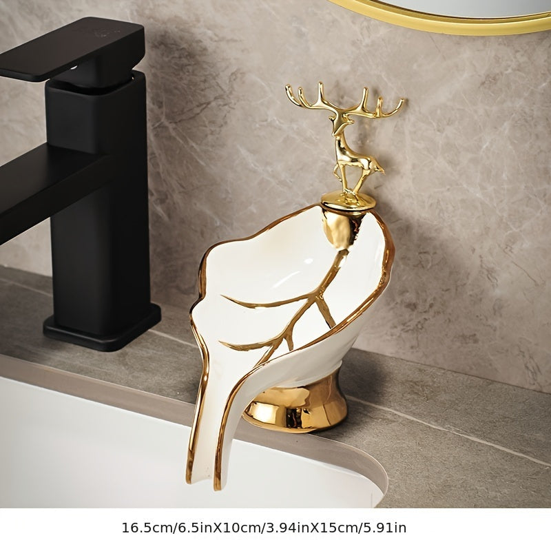 Ceramic Leaf-Shaped Soap Dish with Self-Draining for Bathroom Sink Storage