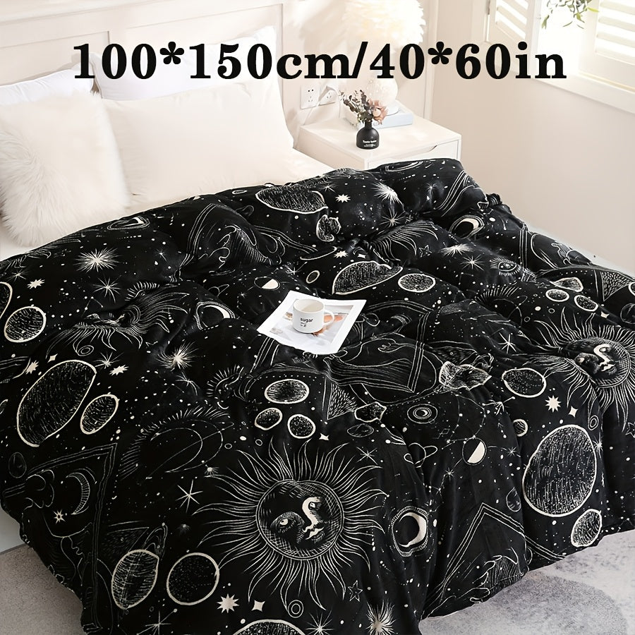 200GSM Flannel Blanket with Sun Moon and Planet Print Soft Warm Lounge Couch Travel Gift