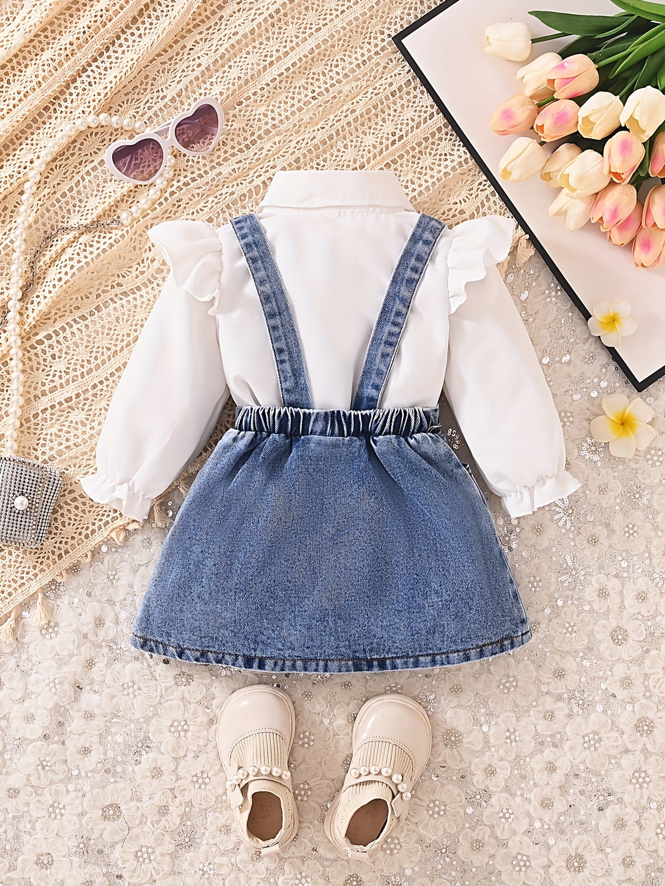 Toddler Girl White Long Sleeve Shirt with Denim Overalls Skirt Set for Spring Fall Outdoor