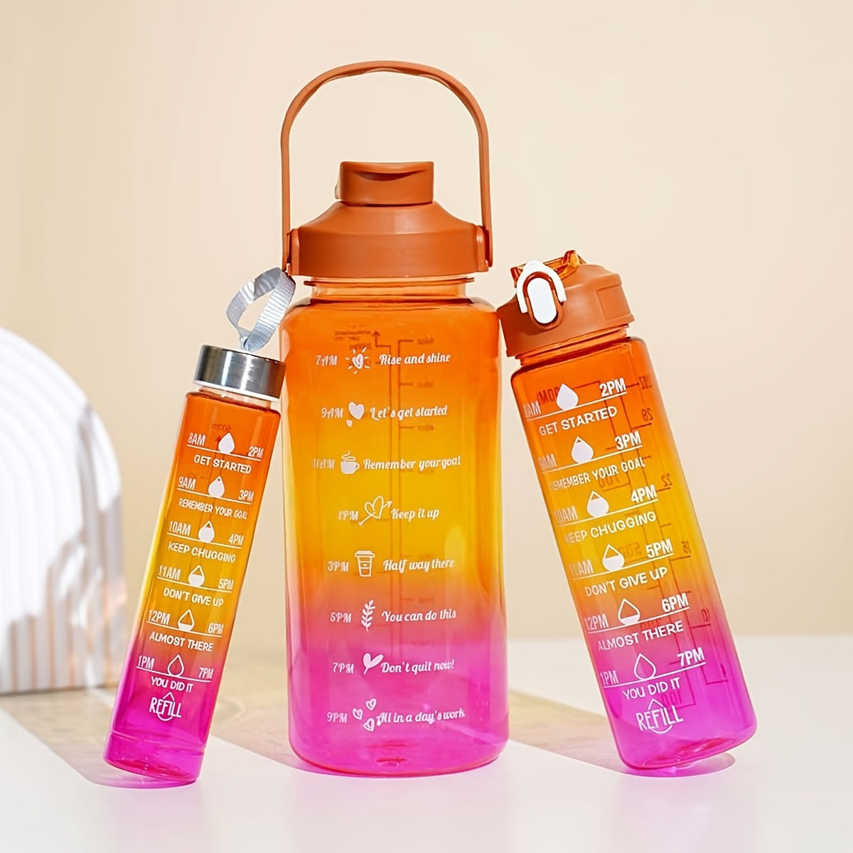 Set of 3 Gradient Water Bottles 2000ml Leakproof for Hiking Camping Fitness