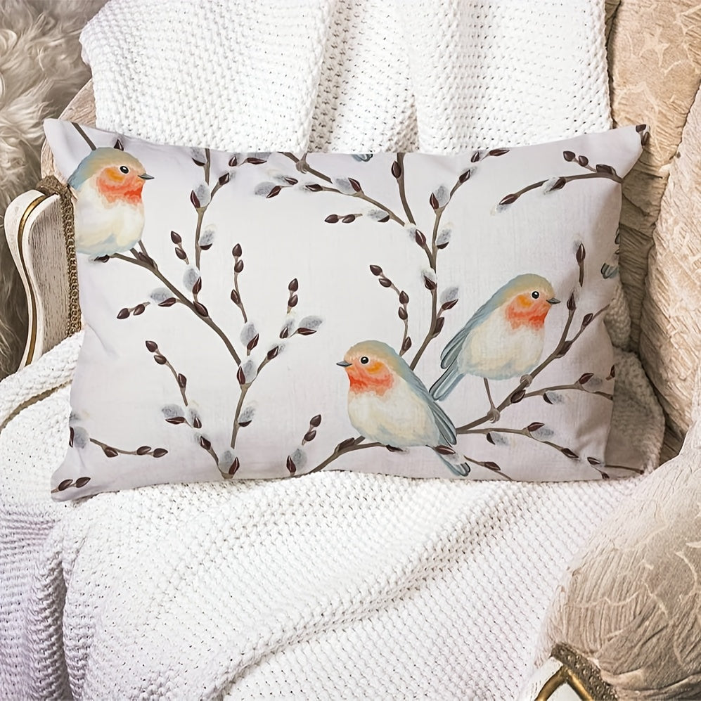 Linen Throw Pillow Cover with Bird Design, Zipper Closure, Machine Washable