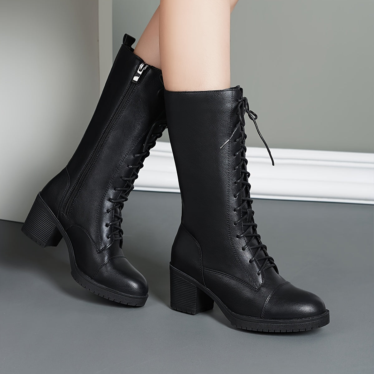 Women's Fleece-Lined Mid-Calf Winter Boots with Chunky Heel