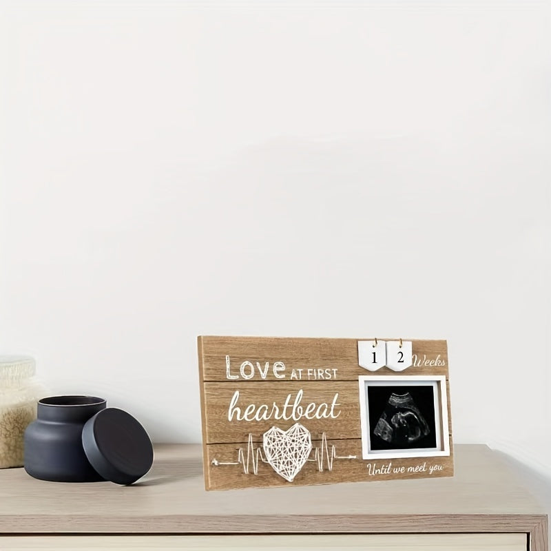 Wood Baby Photo Frame with Heartbeat Design and Interchangeable Week Tracker for Newborns