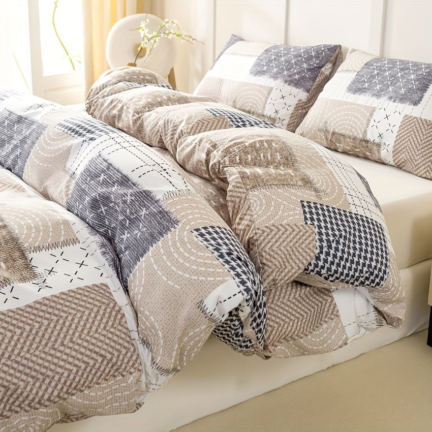 Full Size Cozy Duvet Cover Set with Patchwork Design and Zipper Closure Includes 1 Duvet Cover and 2 Pillowcases