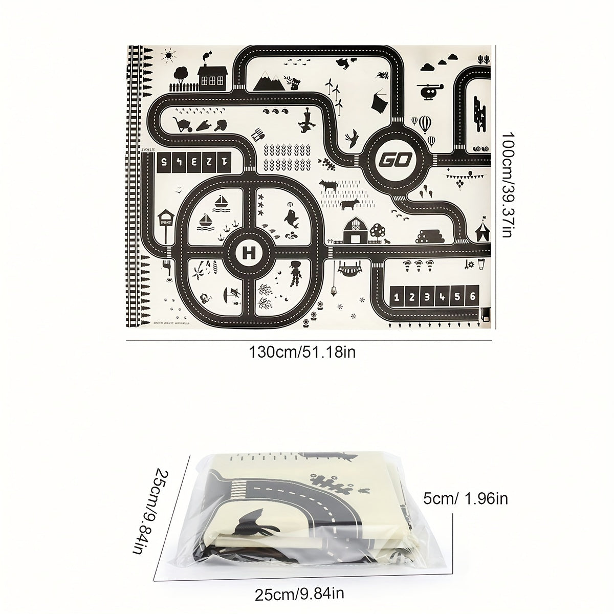 Alfombra de juego para niños en blanco y negro con diseño de mapa de tráfico urbano impermeable