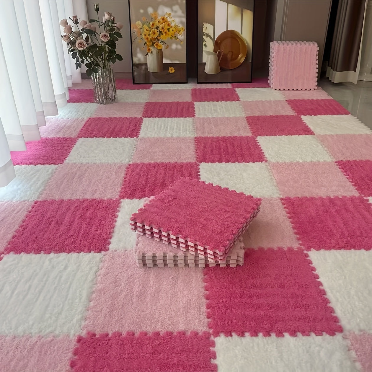 36pcs Floral Pattern Room Rug Set Lightweight Washable Braided Carpet Tiles Low Pile Soundproof Floor Mats for Living Room Bedroom