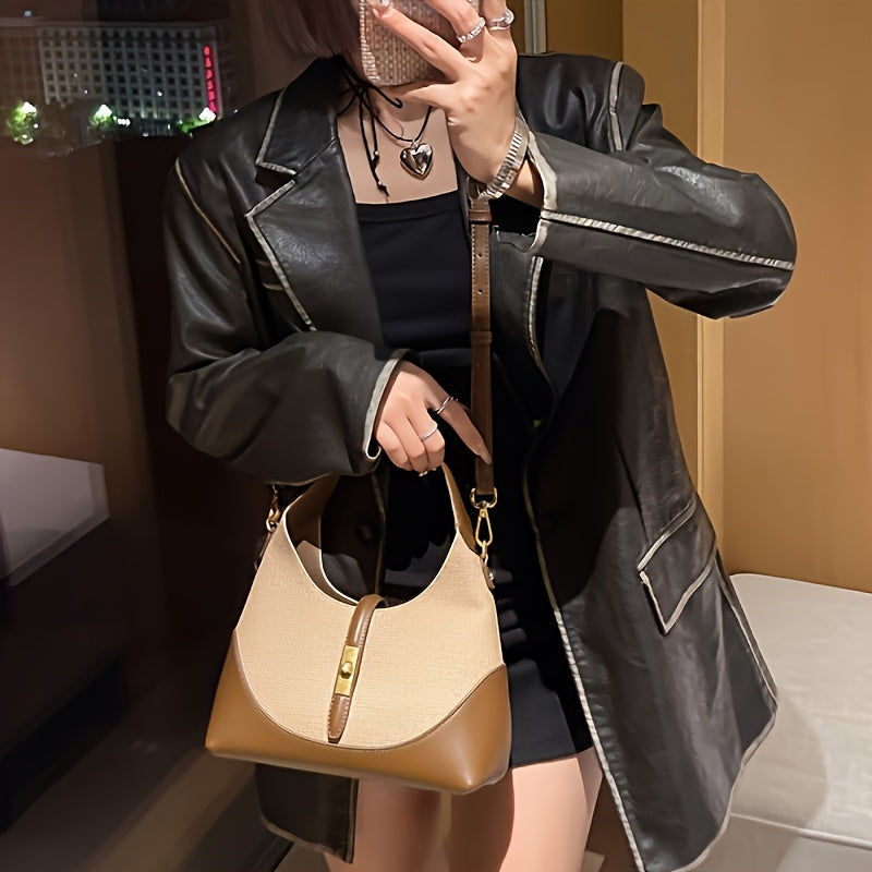 Women's Vintage Color-Blocked PU Handbag with Zipper Closure Crossbody or Hand Carry