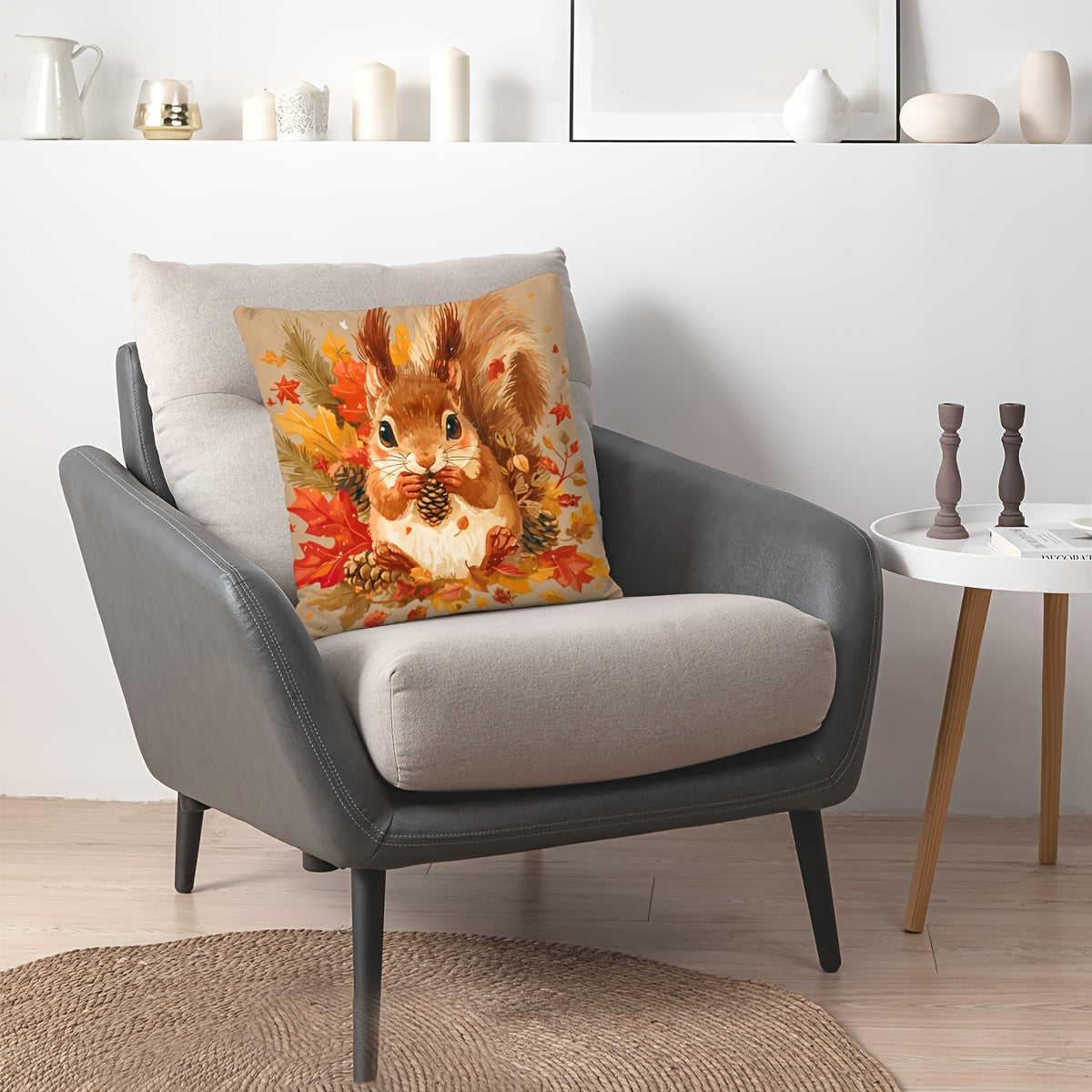 Autumn Squirrel Pillow Cover Sunflower Maple Leaf Decor 44.96cm Square
