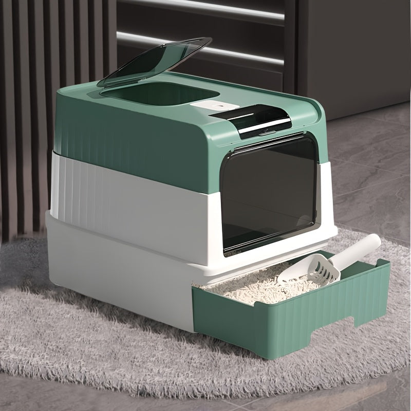 XL Green Cat Litter Box with Easy-Clean Drawer and Scoop Durable Polypropylene