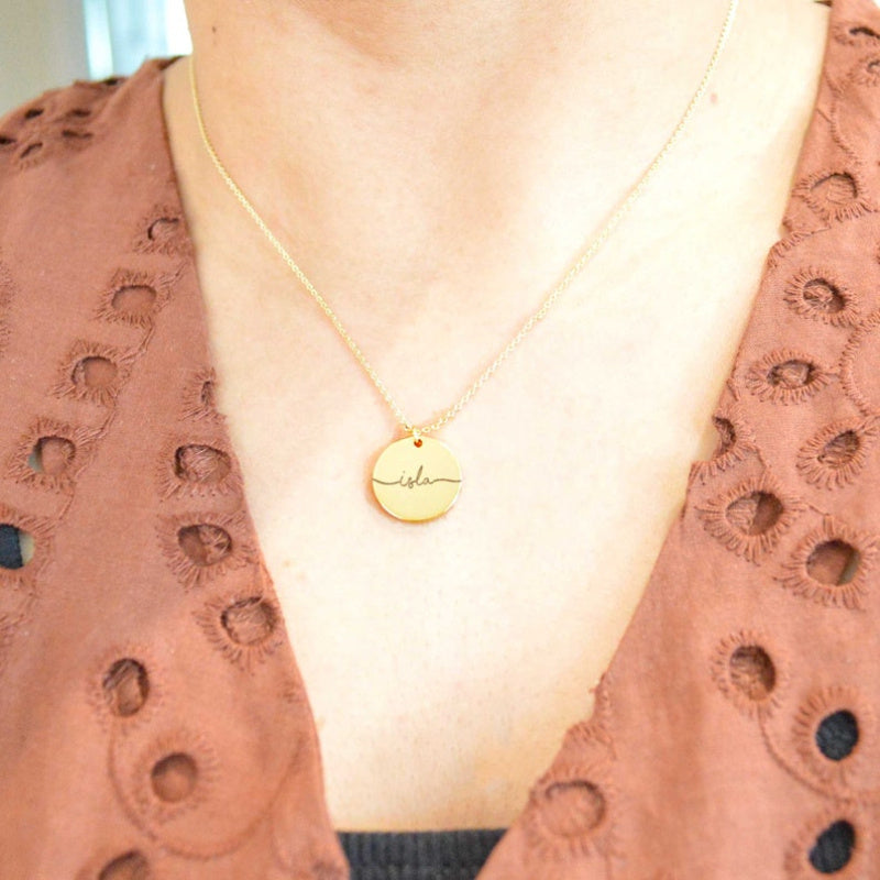 Gold Plated Stainless Steel Necklace with Custom Name Engraving and Round Pendant for Women