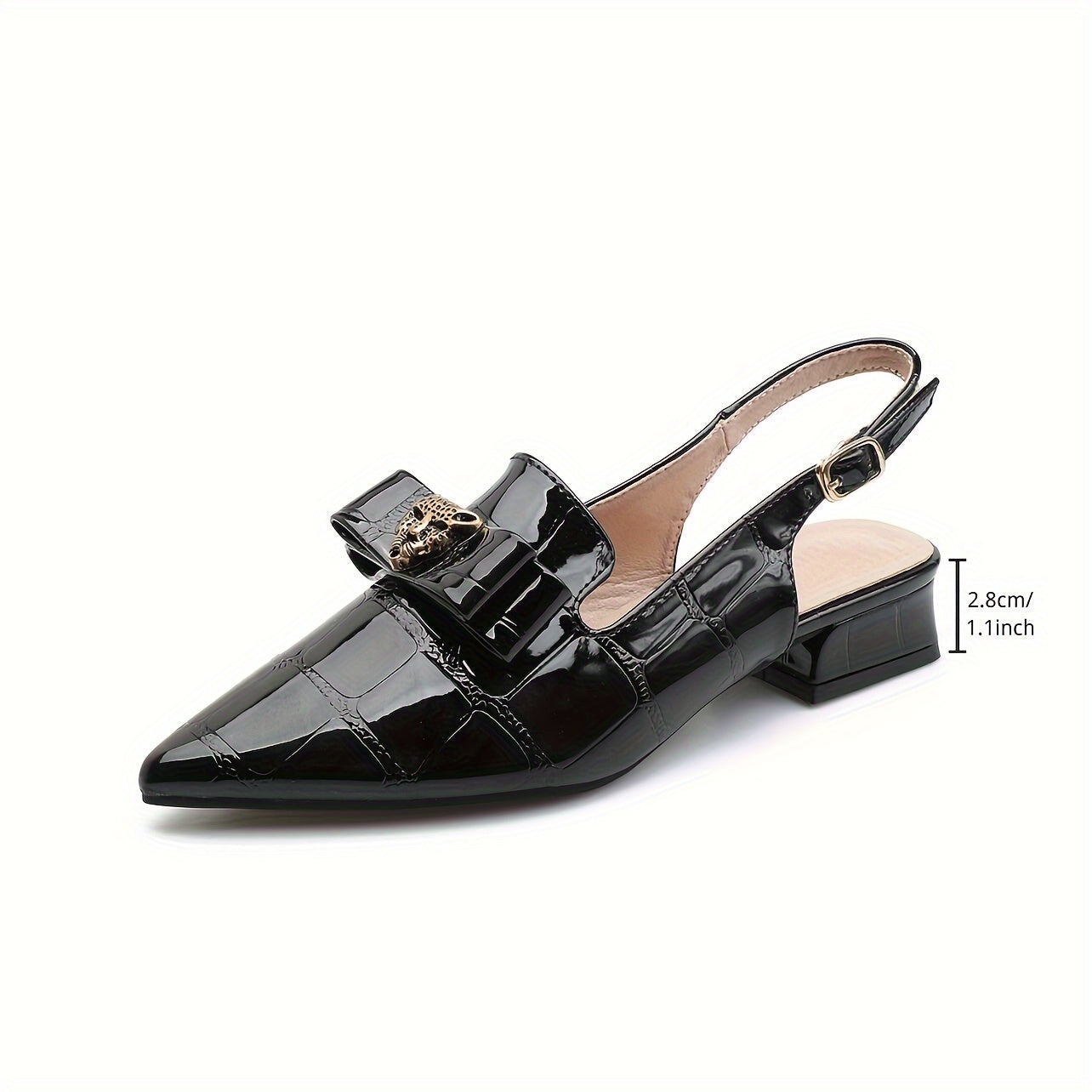 Women's Faux Leather Slingback Heels with Pointed Toe and Chunky Low Heel