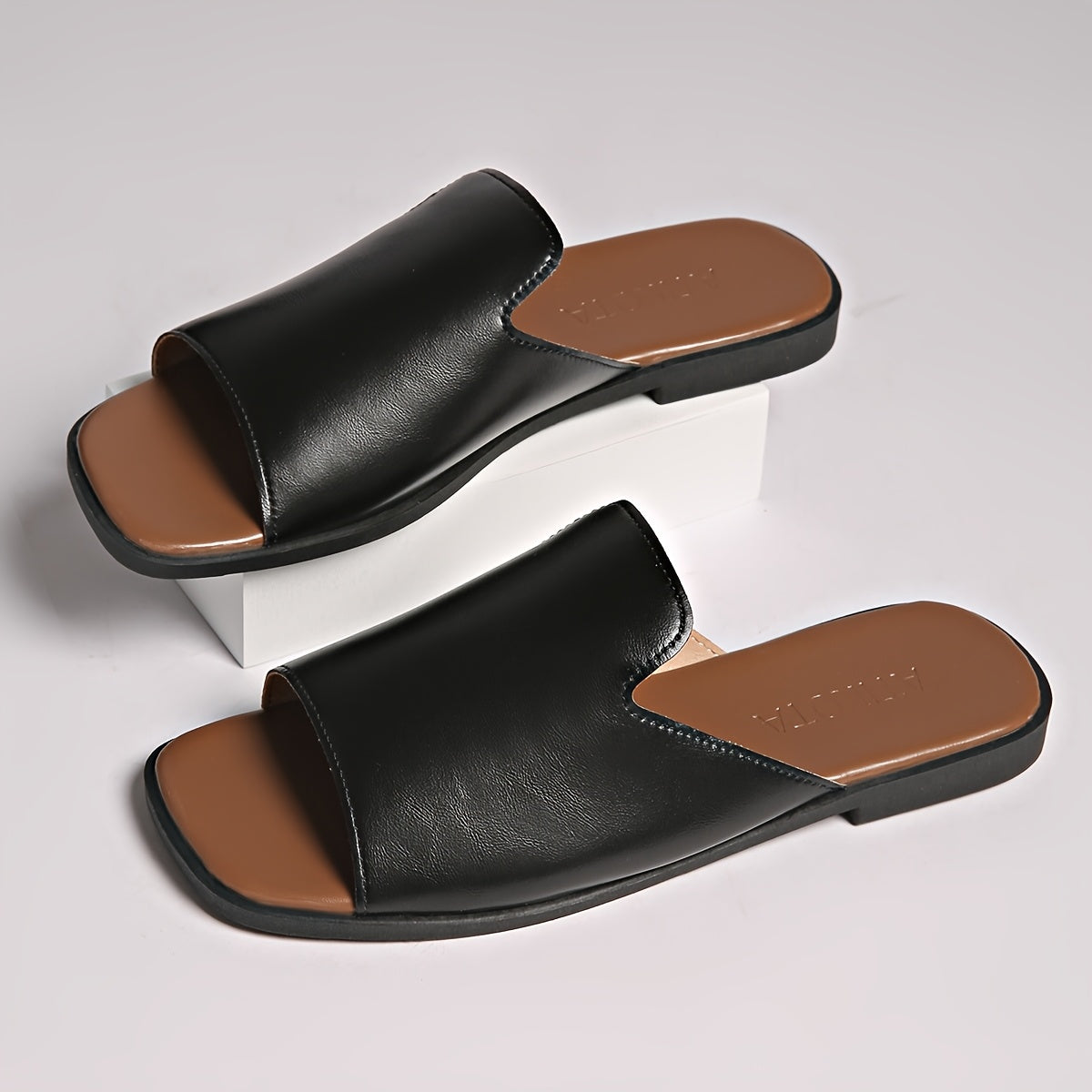 Women's Summer Flat Sandals Black Faux Cover Tan Sole Slip-On Arch Support