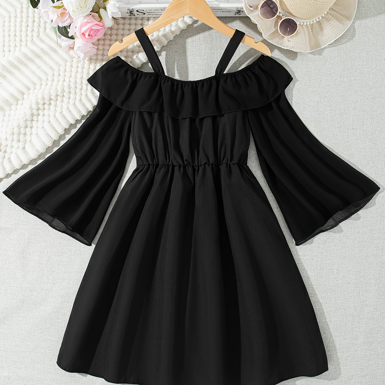 Girls Black Chiffon Dress with Off-Shoulder Ruffle Detail for Summer Casual Wear