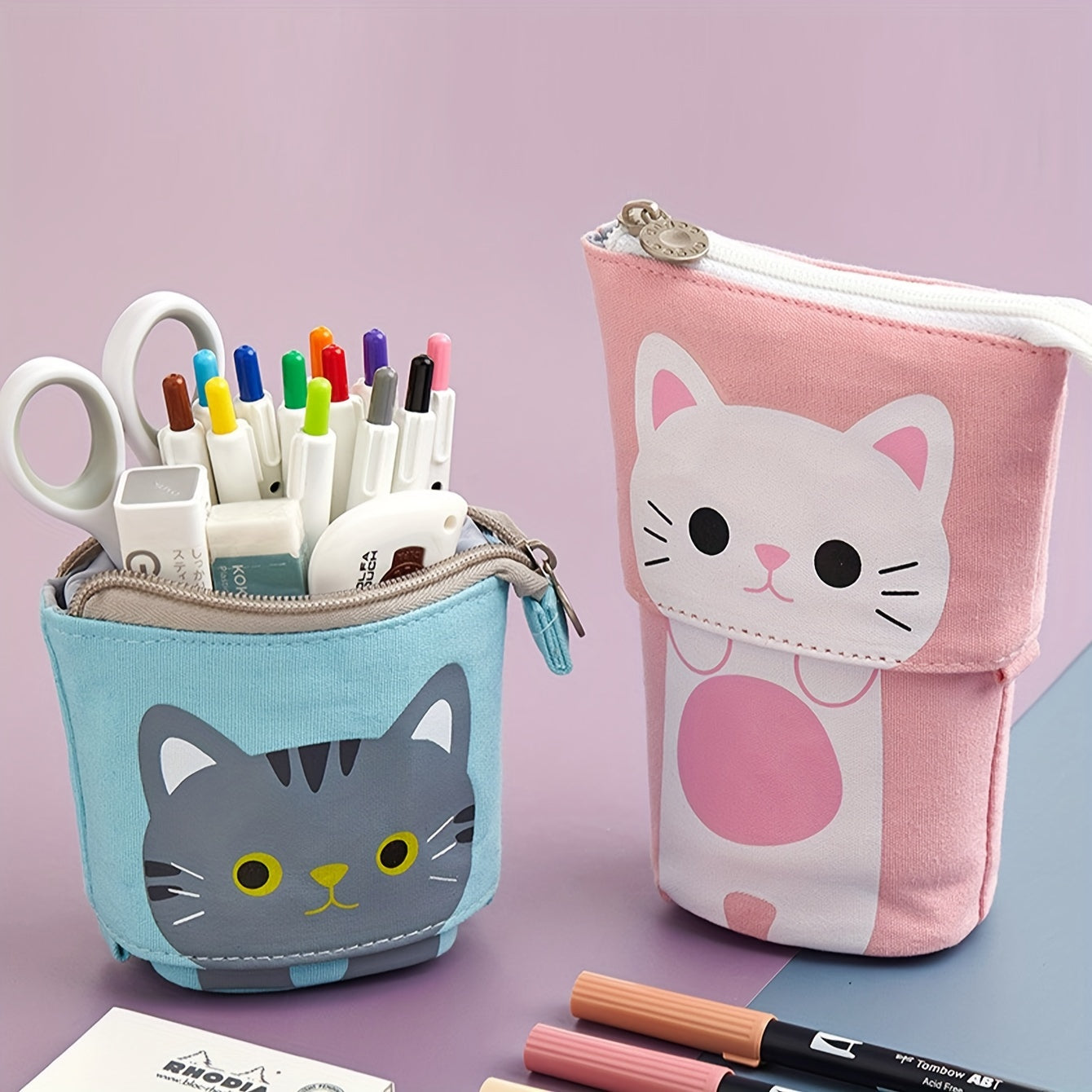Canvas Cat Pencil Case with Zipper, Expandable, 2-in-1 Telescopic Pouch for Students