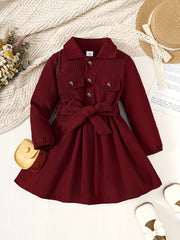 Toddler Girls Solid Midi Dress with Long Sleeves Bow Belt for Parties and Winter