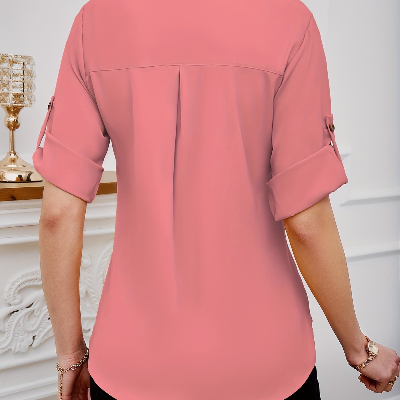 Pleated Blouse with Crew Neck Short Sleeves Solid Color Spring Summer Women