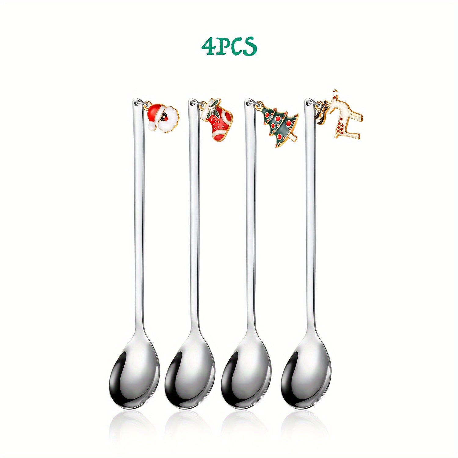 Set of 4 Festive Stainless Steel Christmas Coffee and Tea Spoons for Hot Chocolate and Desserts