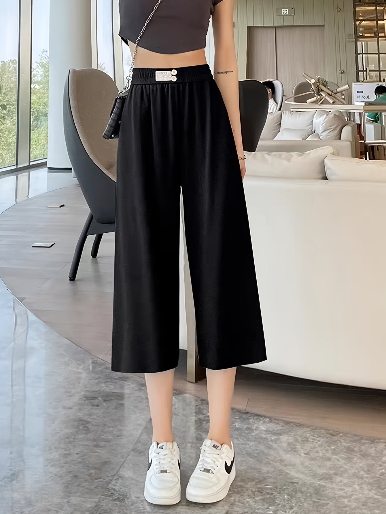 Women's Stretchy Wide-Leg Capri Pants Lightweight Ice Silky Fabric Black