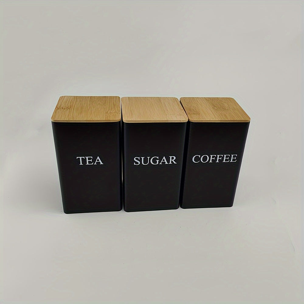 Square Metal Canisters Set with Wooden Lids for Tea Sugar Coffee Storage