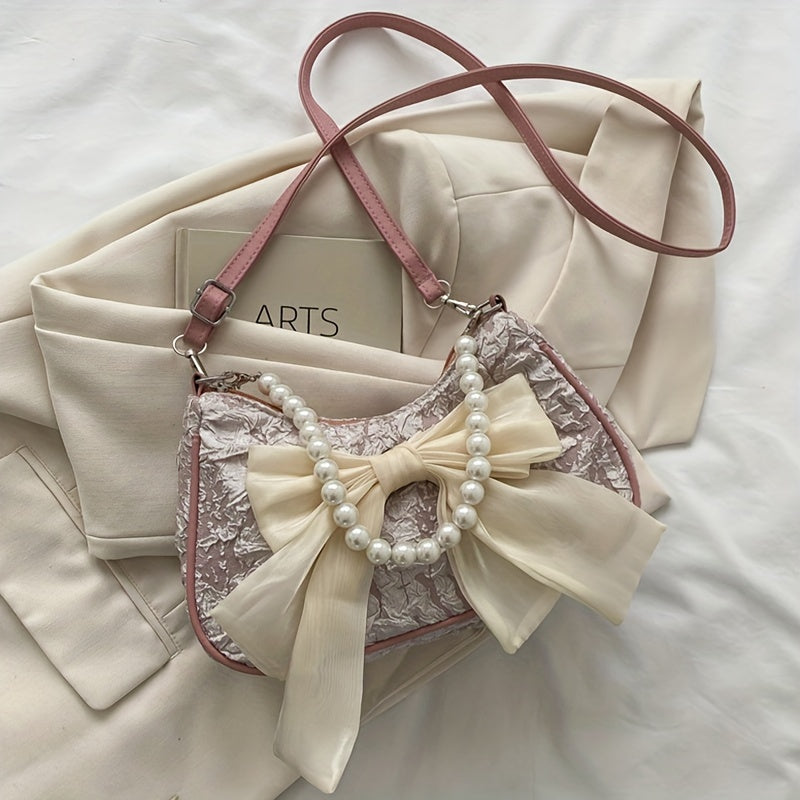 Black Crossbody Bag with Pearl Bow Zipper Closure Polyester Lining Vintage Style