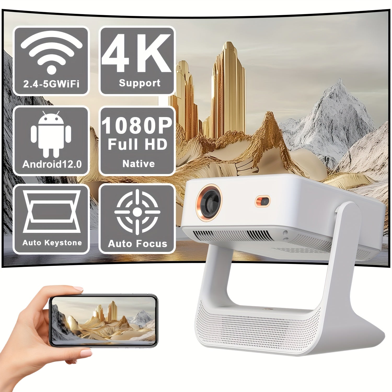 Умный 4K домашний кинотеатр проектор с 8-дюйковым сенсорным экраном WiFi6 автофокус