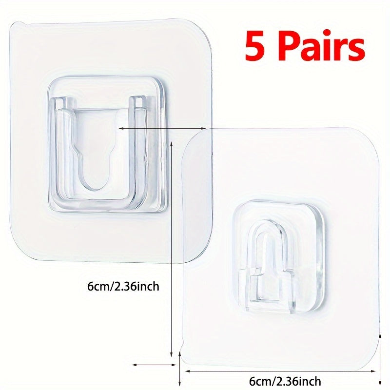 5 Pairs Transparent Adhesive Wall Hooks for Kitchen Bathroom Storage