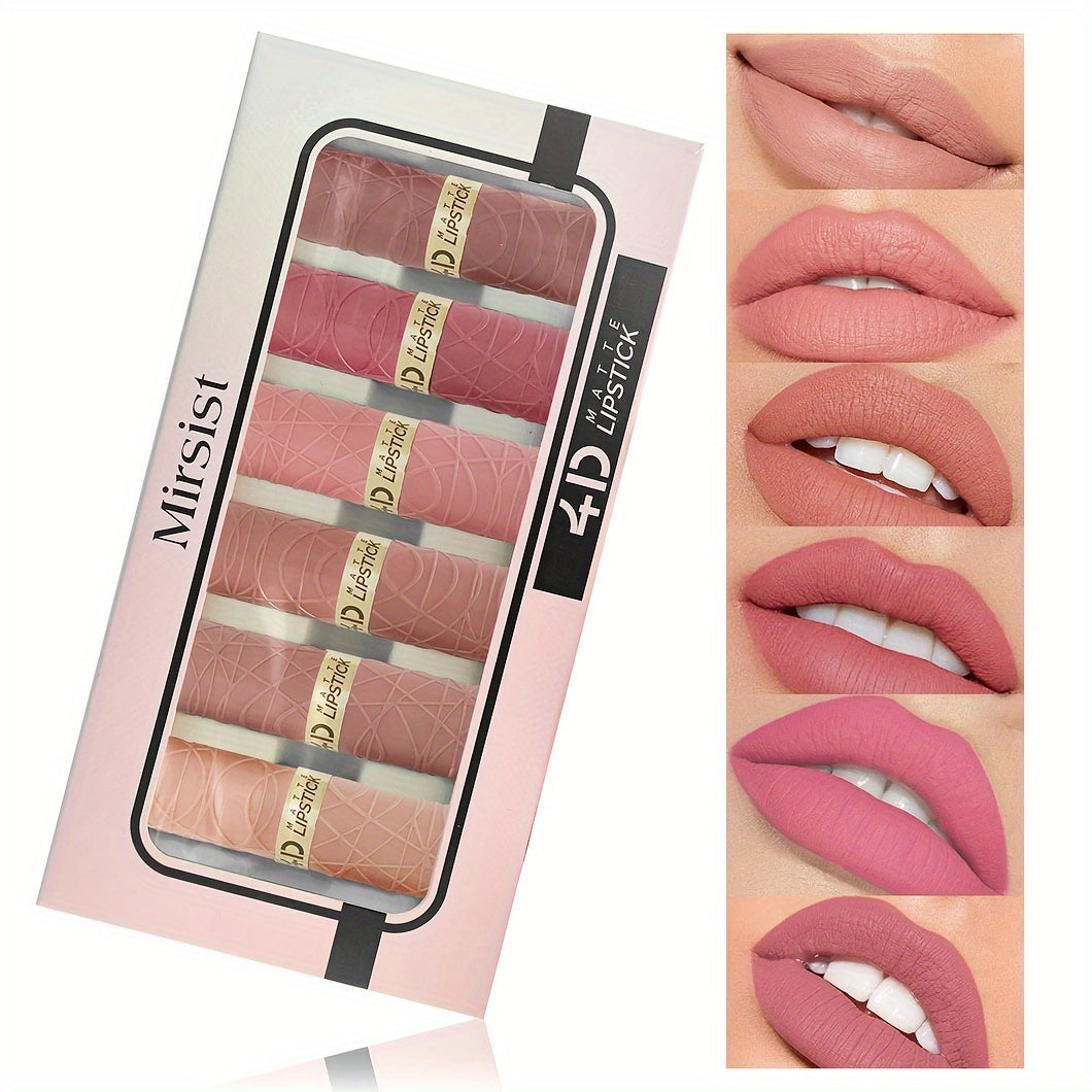 Set of 6 Matte Lipsticks Long-Lasting Brown-Red Nude Bean Paste