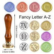 Wax Seal Stamp Set with 26 Letters Brass Head and Retro Wood Handle for Invitations and Gift Wrapping