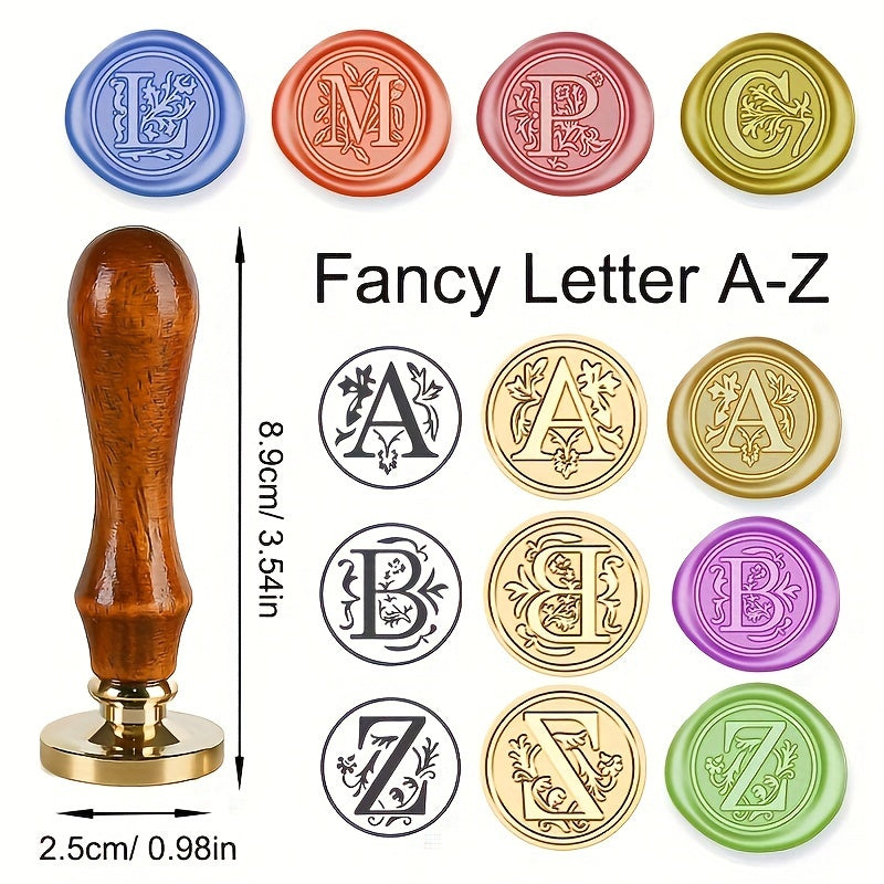 Wax Seal Stamp Set with 26 Letters Brass Head and Retro Wood Handle for Invitations and Gift Wrapping