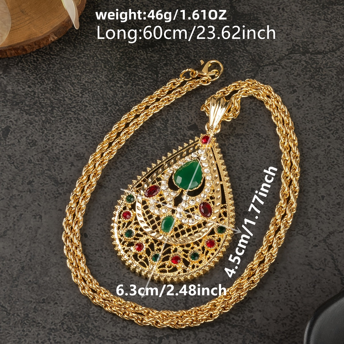 Moroccan Bridal Necklace with Gold-Tone Water Drop Pendant and Floral Engraving 60cm Chain