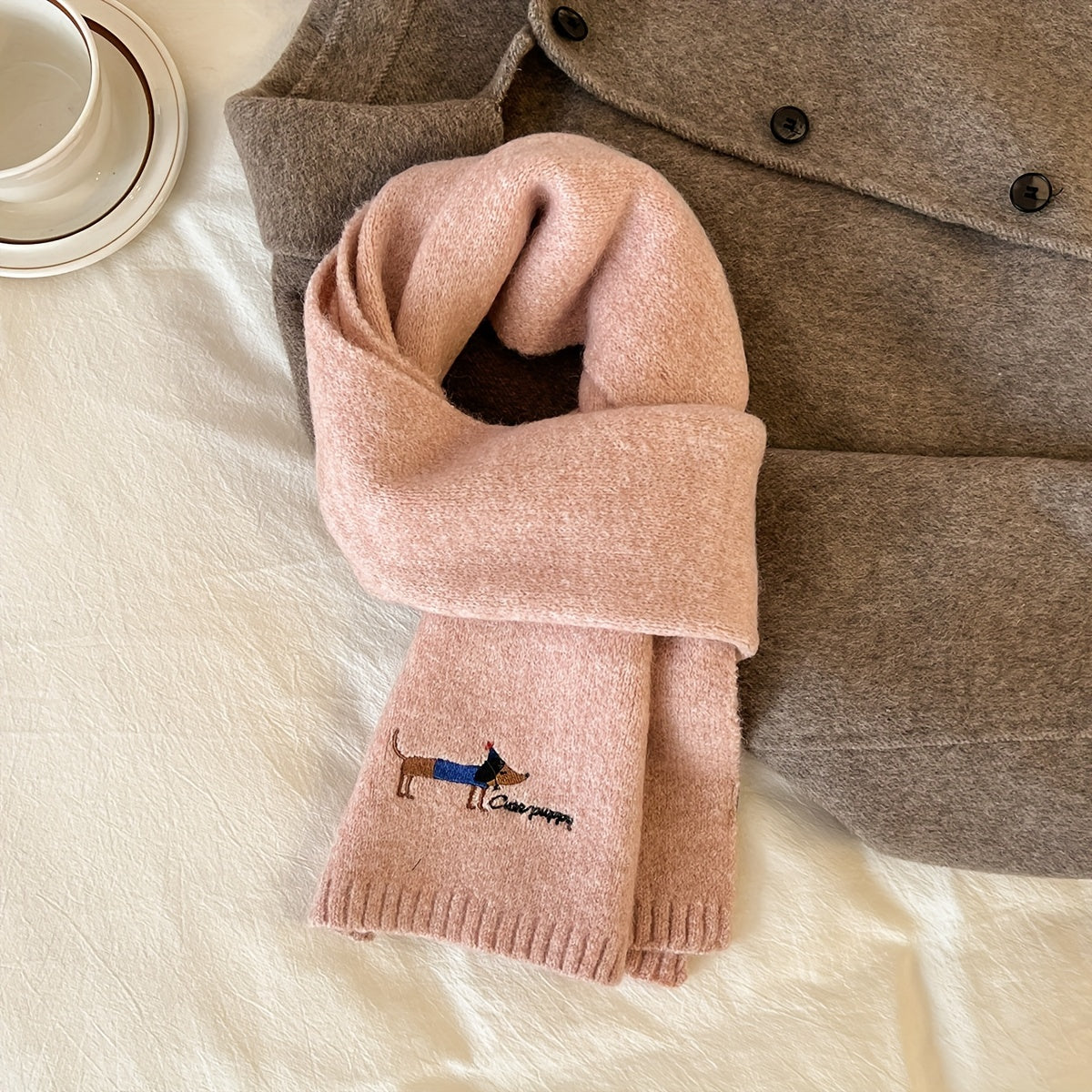 Women's Gray Wool Blend Knit Puppy Scarf Embroidered Neck Warmer Winter Windproof