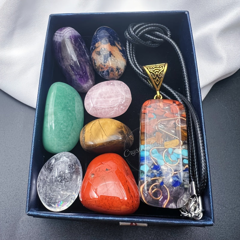 Juego de 8 colgantes de piedra natural con caja de regalo para collar para hombres y mujeres