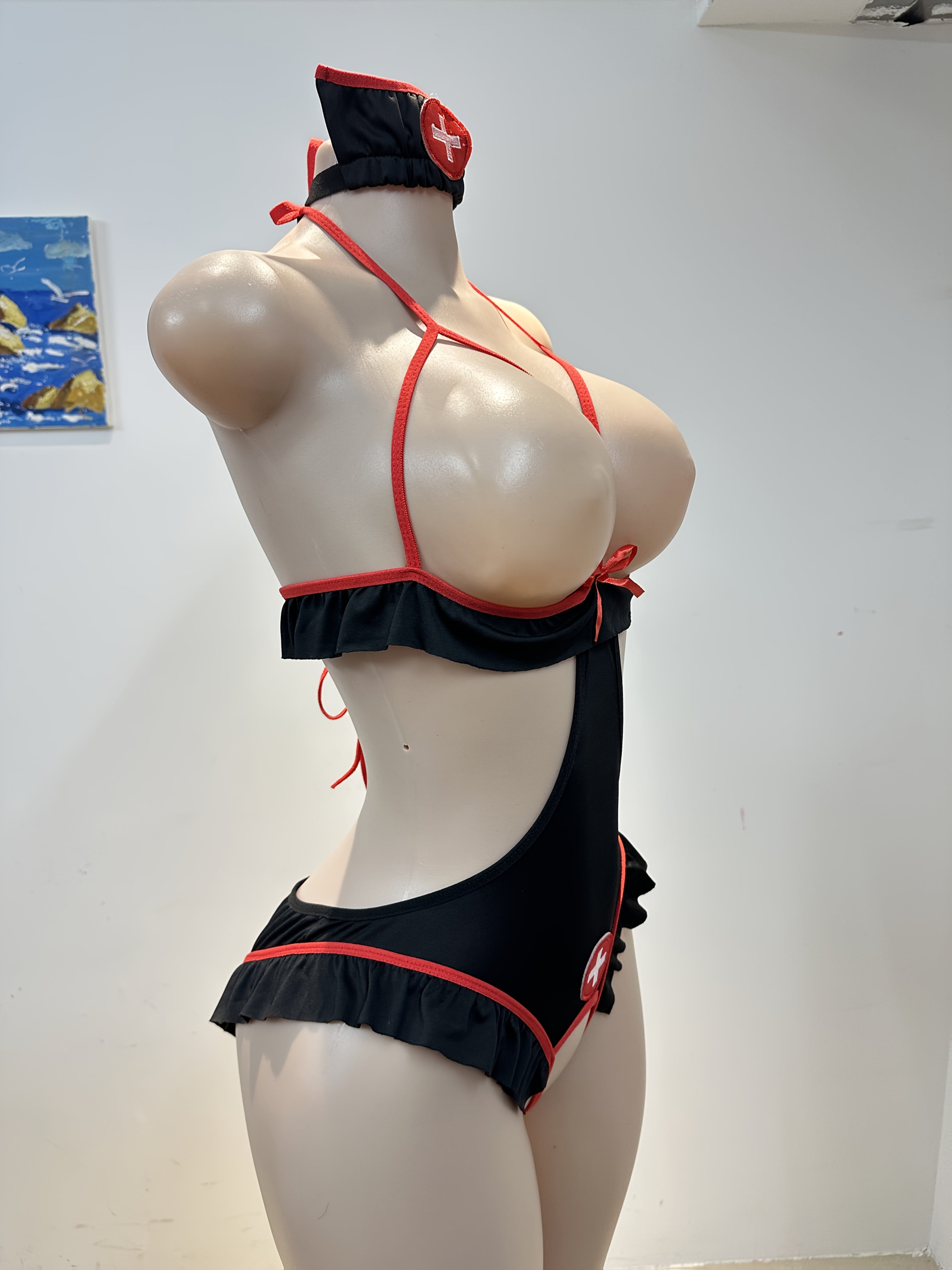 Plus Size Black Red Lace Bodysuit Masquerade Maid Costume for Adults