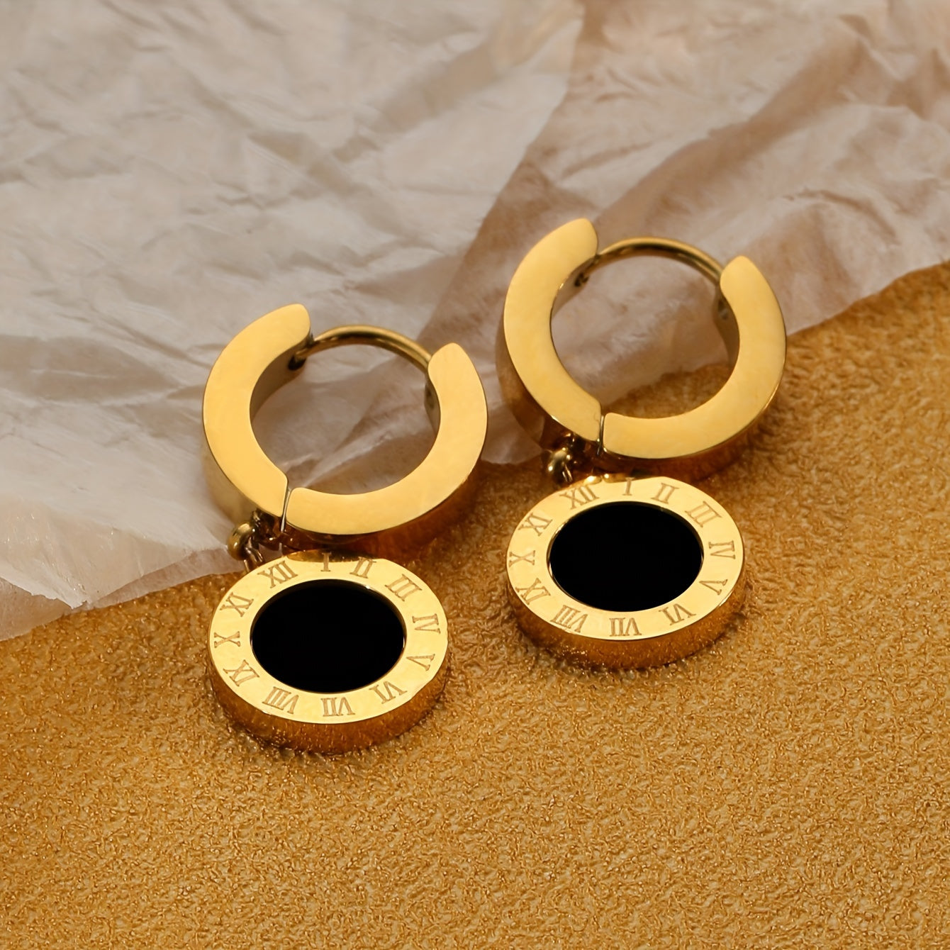 Roman Numeral Charm Necklace and Earrings Set in 18K Gold Plated Stainless Steel for Women