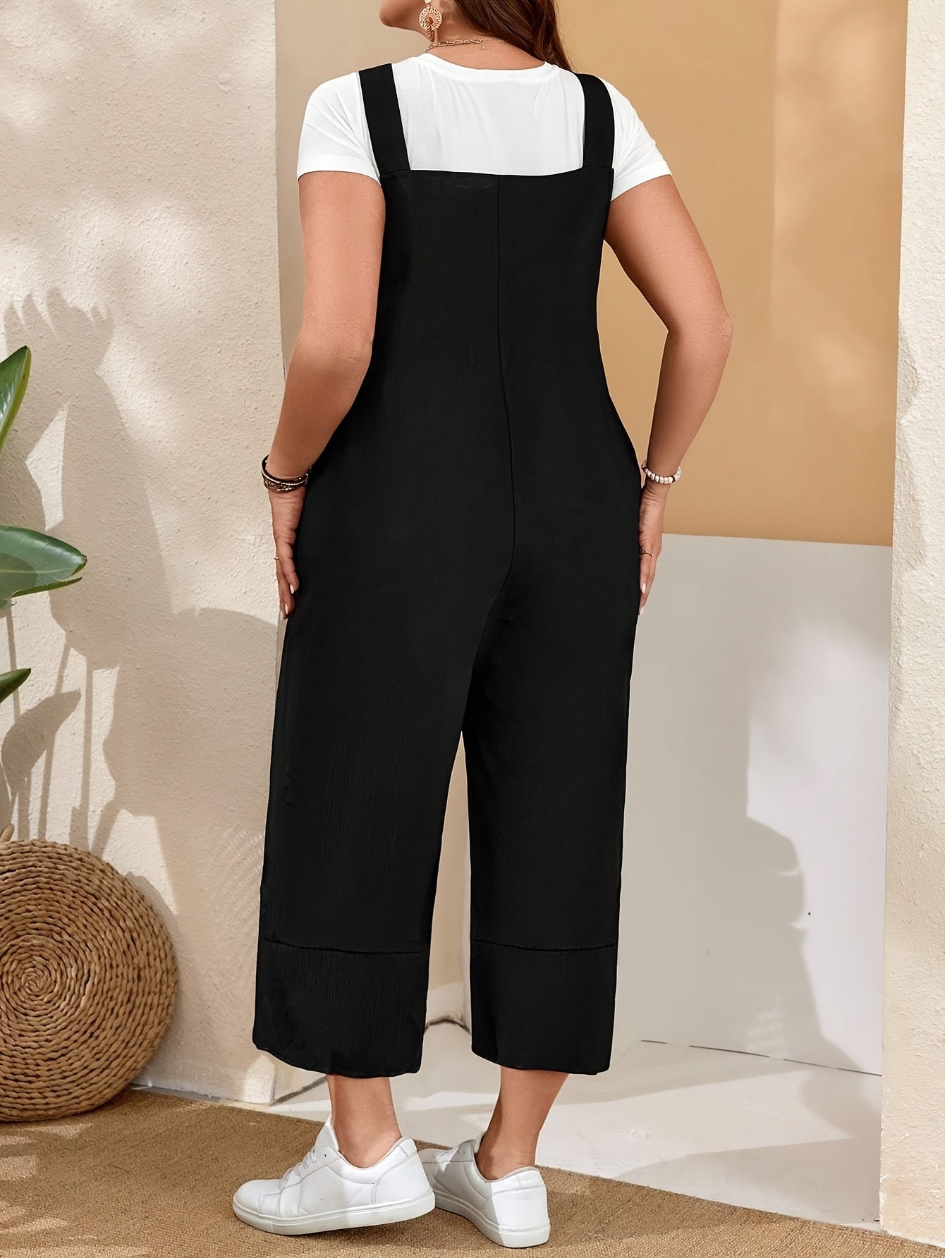 Plus Size Womens Black Jumpsuit with Pockets and Gold Buttons for Work or Casual
