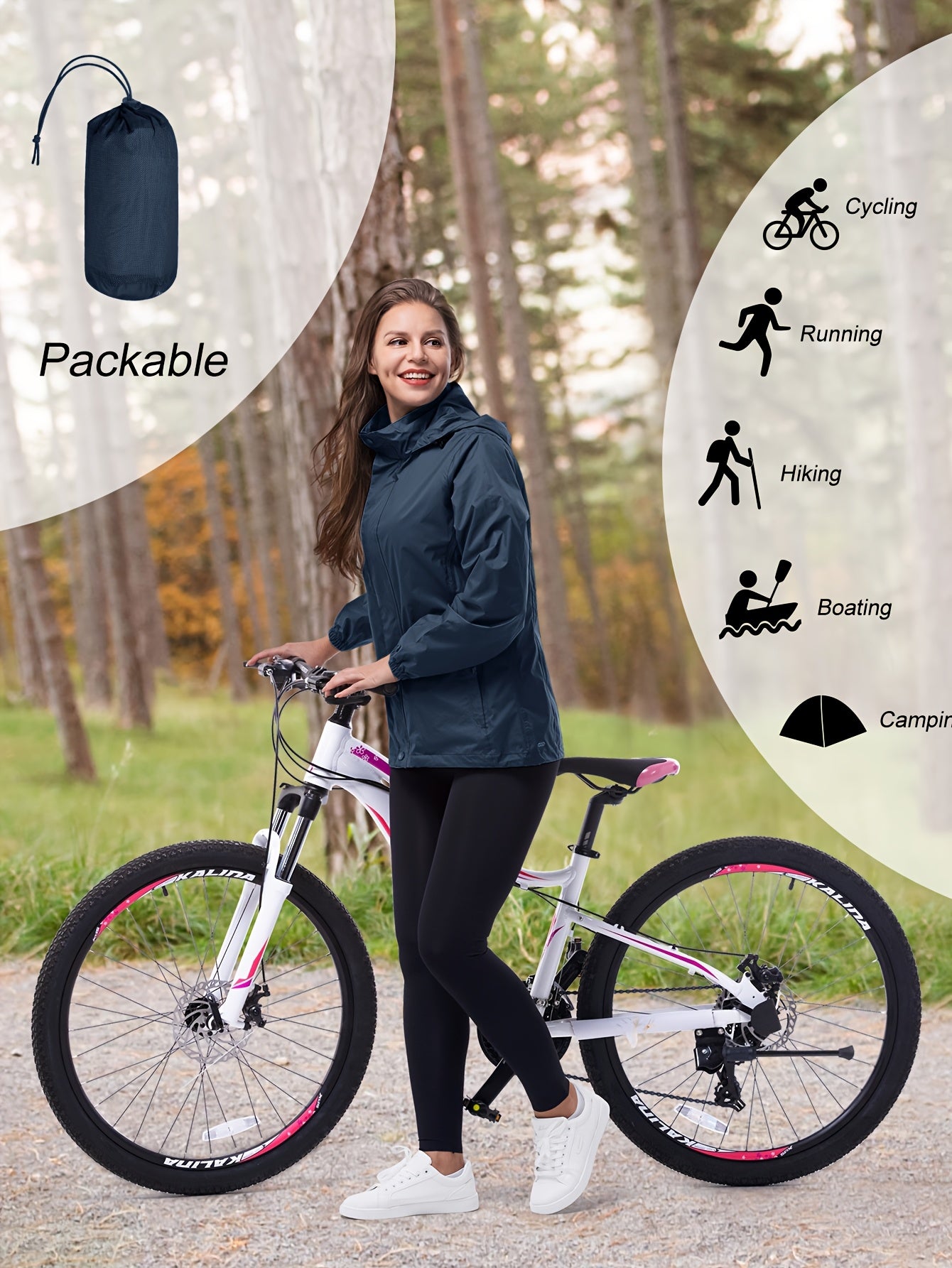 Women’s Lightweight Windbreaker Jacket with Hood, Zipper Pockets, Navy Blue, Plus Size