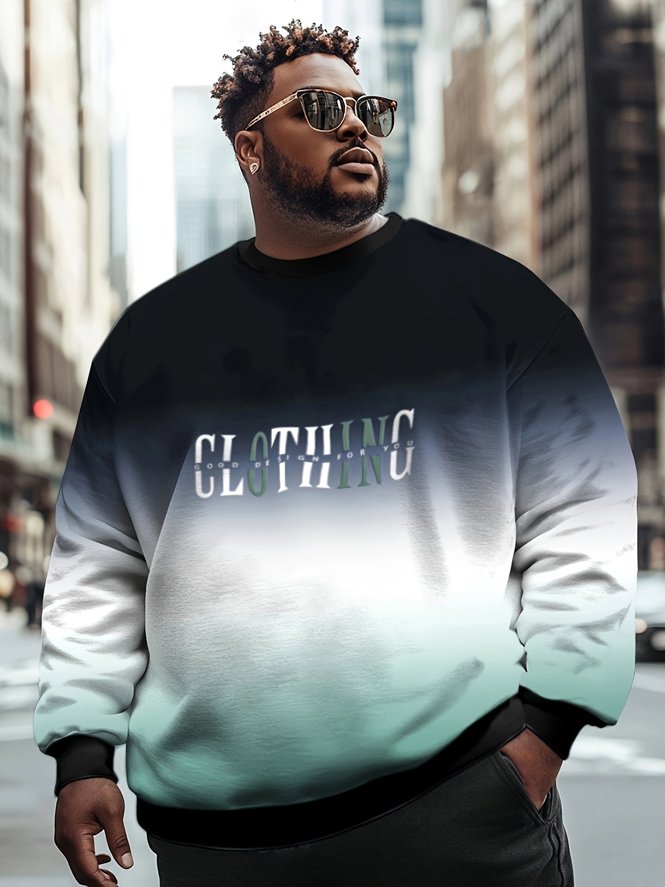 Men's Plus Size Gradient Fleece-Lined Sweatshirt with "Clothing" Print Polyester Stretch Casual Sports