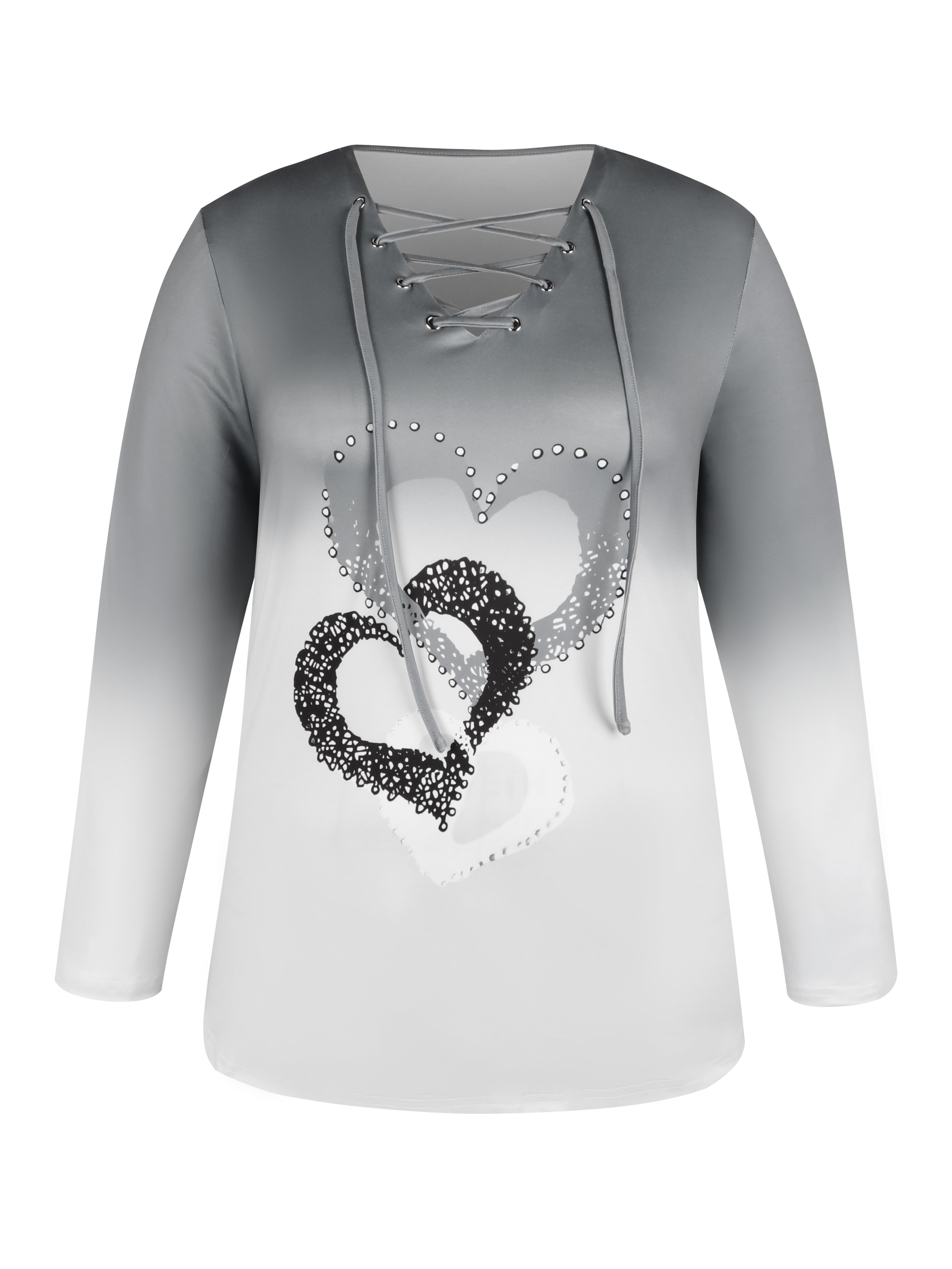 Women’s Plus Size Opaque Ombre Heart Print Lace Up Sweatshirt
