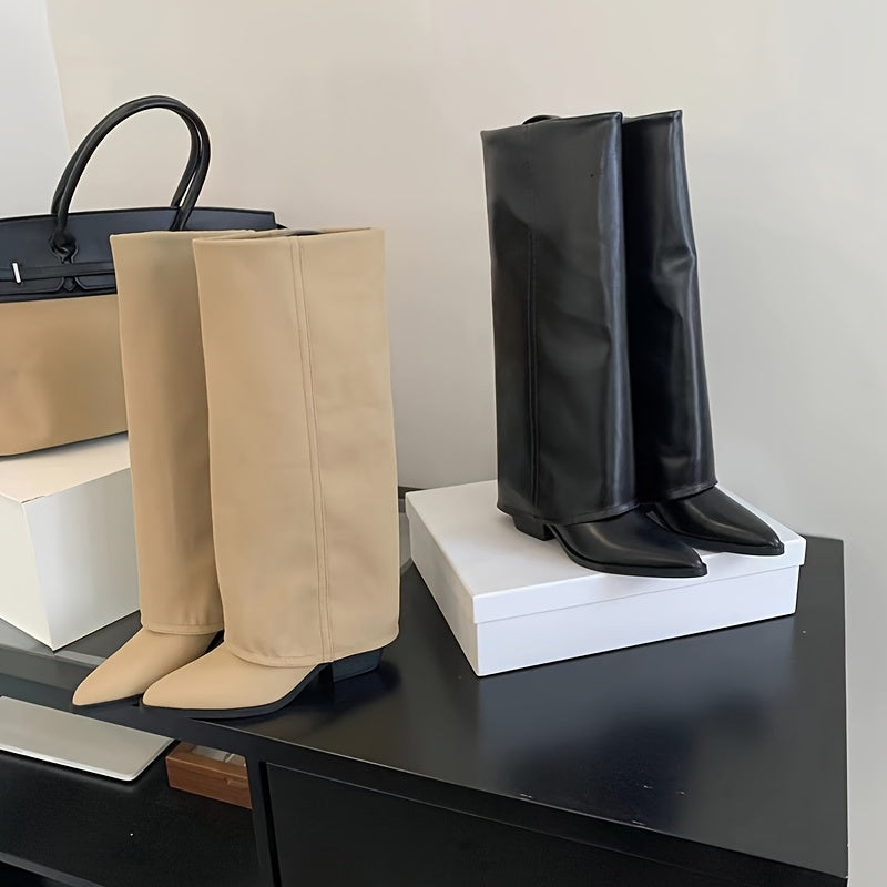 Women Knee-High Boots Solid Color Pointed Toe Block Heel