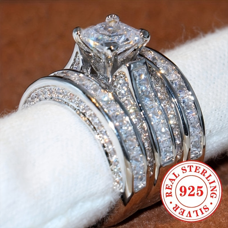 Women's Silver Ring Set 14.2g S925 Cubic Zirconia Engagement Wedding Anniversary