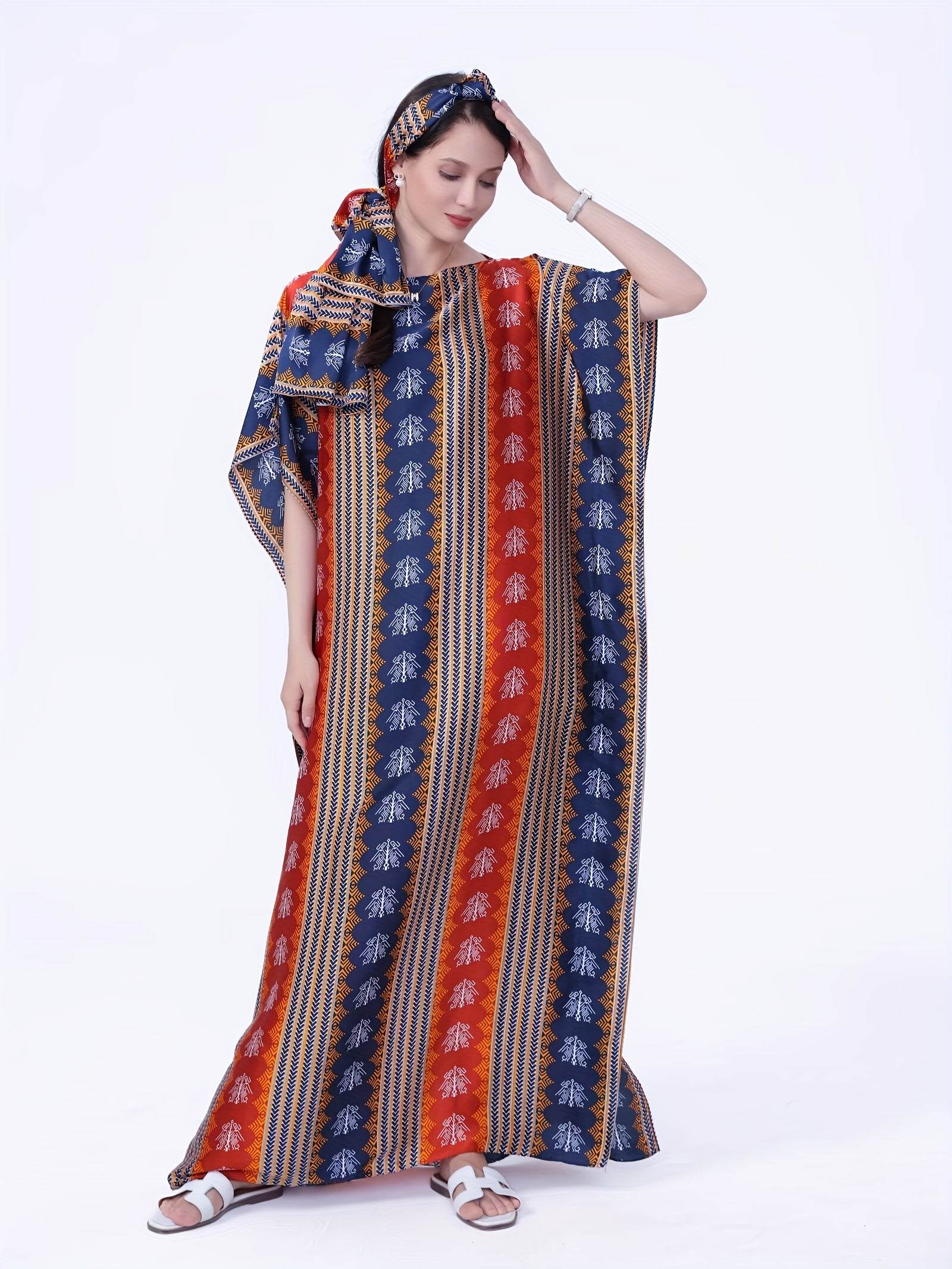 Women's Geometric Print Kaftan Dress with Scarf Loose Fit All-Season Brown and White