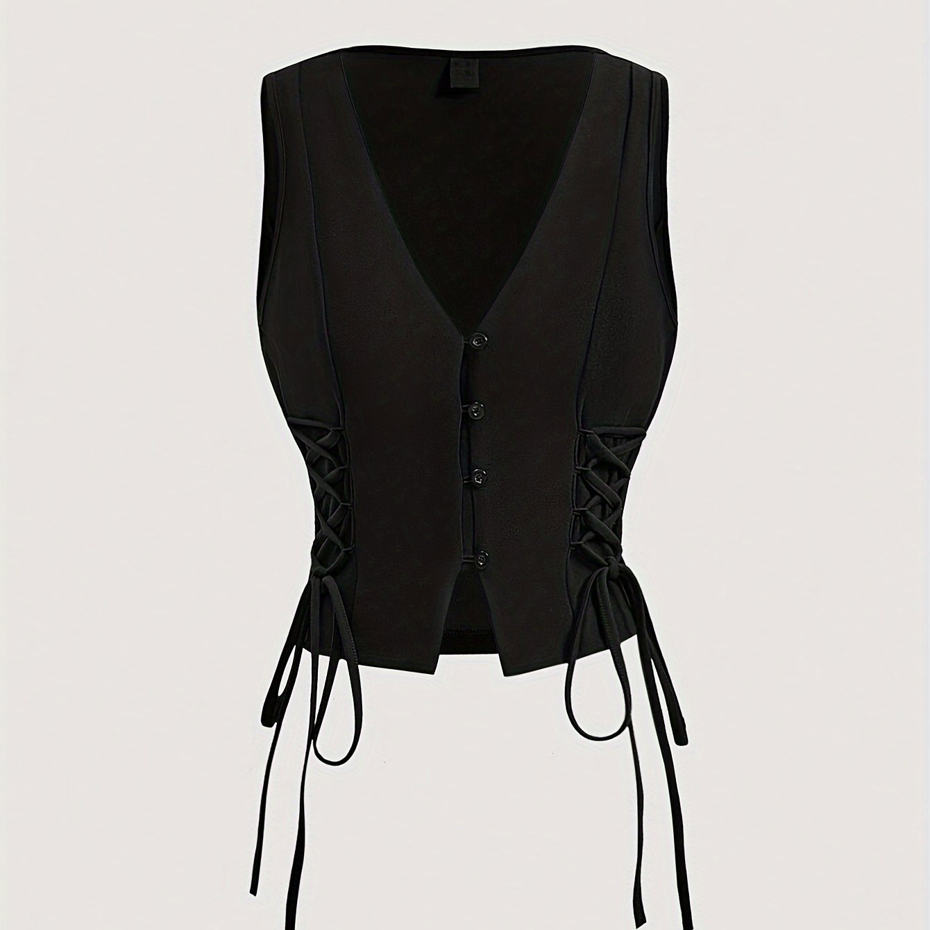 Women's Polyester V-Neck Sleeveless Vest with Button Front and Side Tie for Spring Summer Fall