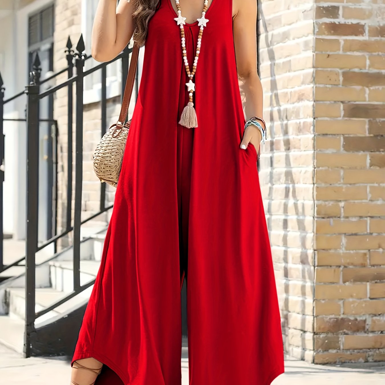 Women's Plus Size V-Neck Jumpsuit with Pockets, Wide Leg, Solid Red