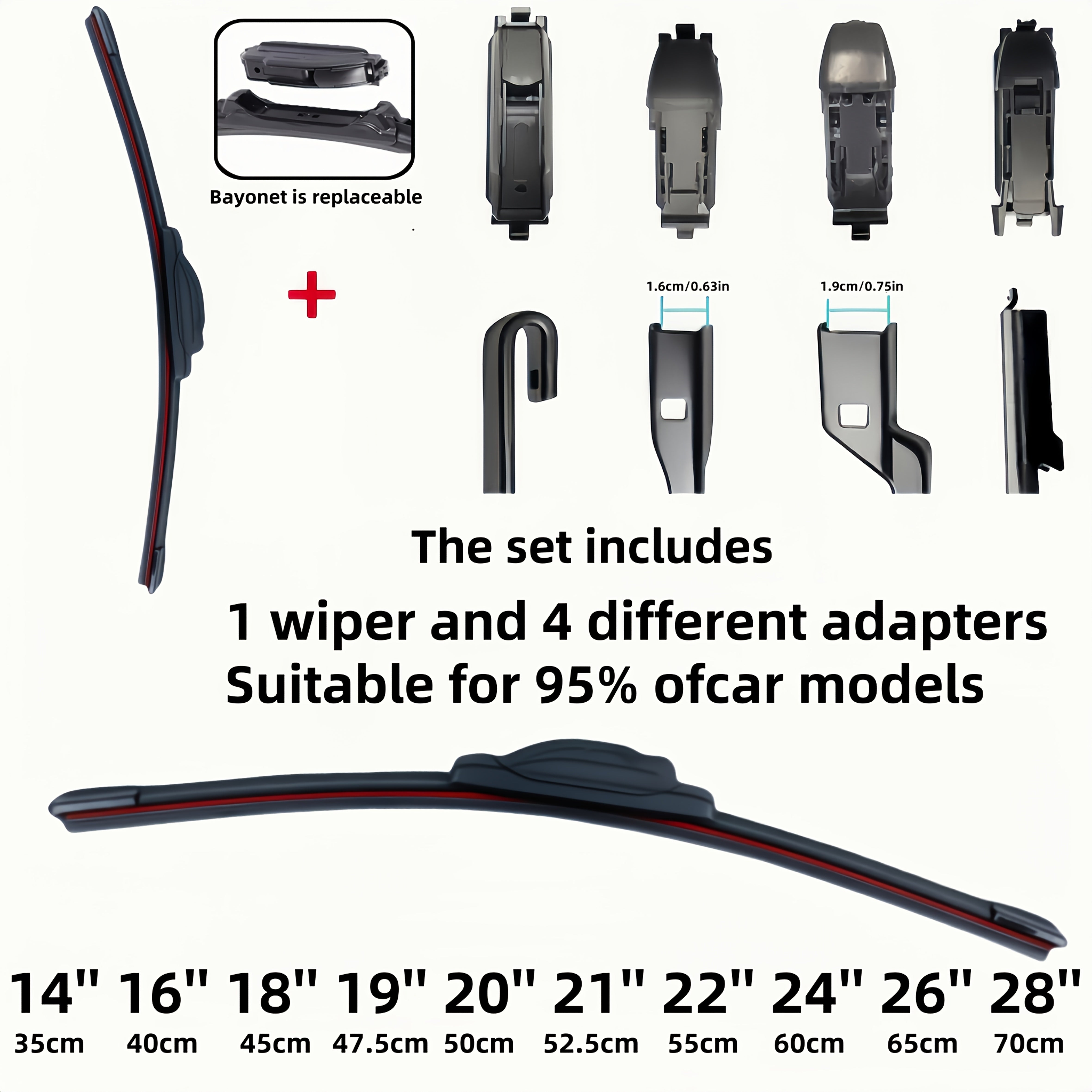 Car Windshield Wiper Blade Set with Adapters 35-71cm Durable Rubber Quiet